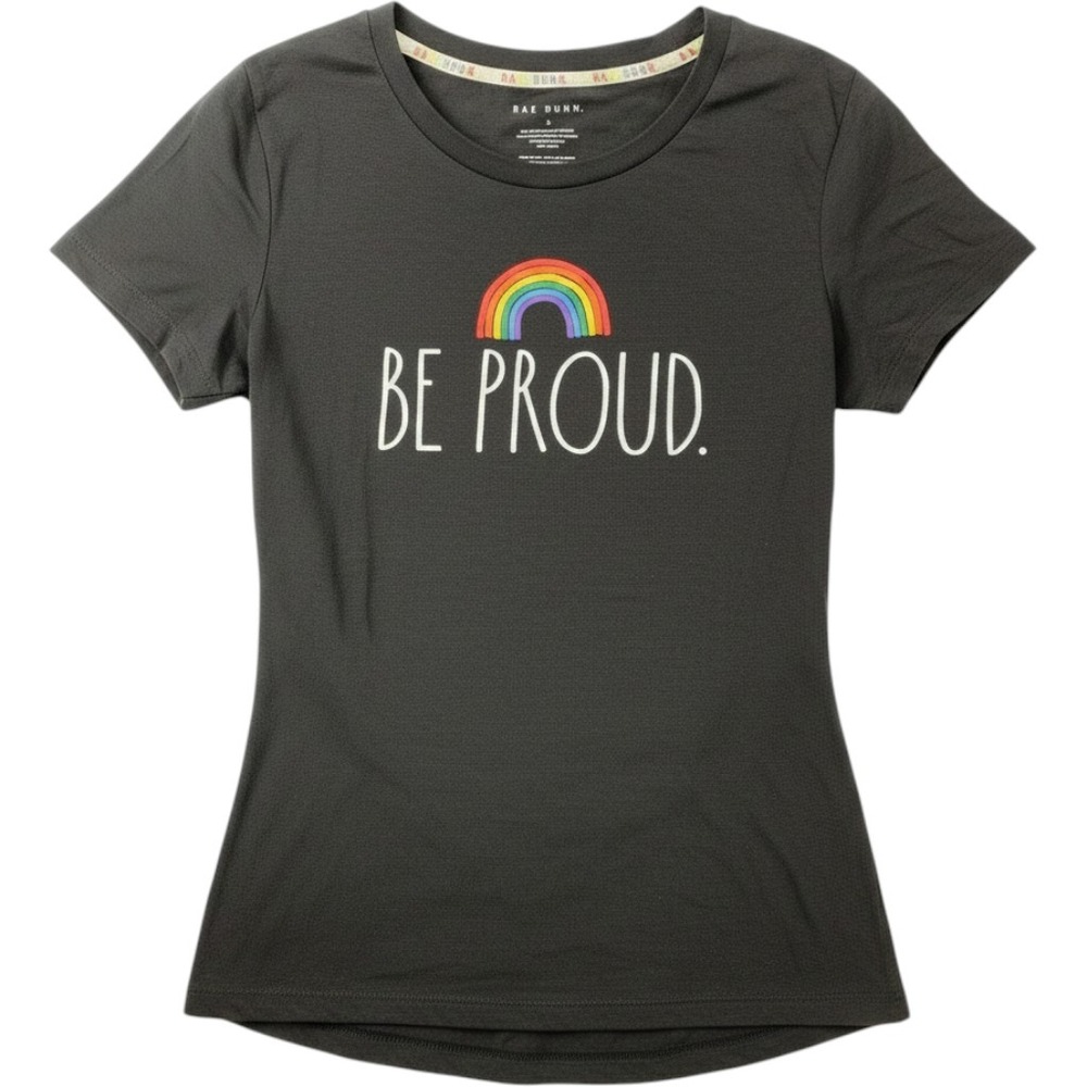 Rae Dunn Be Proud Rainbow Graphic Tee Black Slub T-Shirt Womens Large NEW NWT